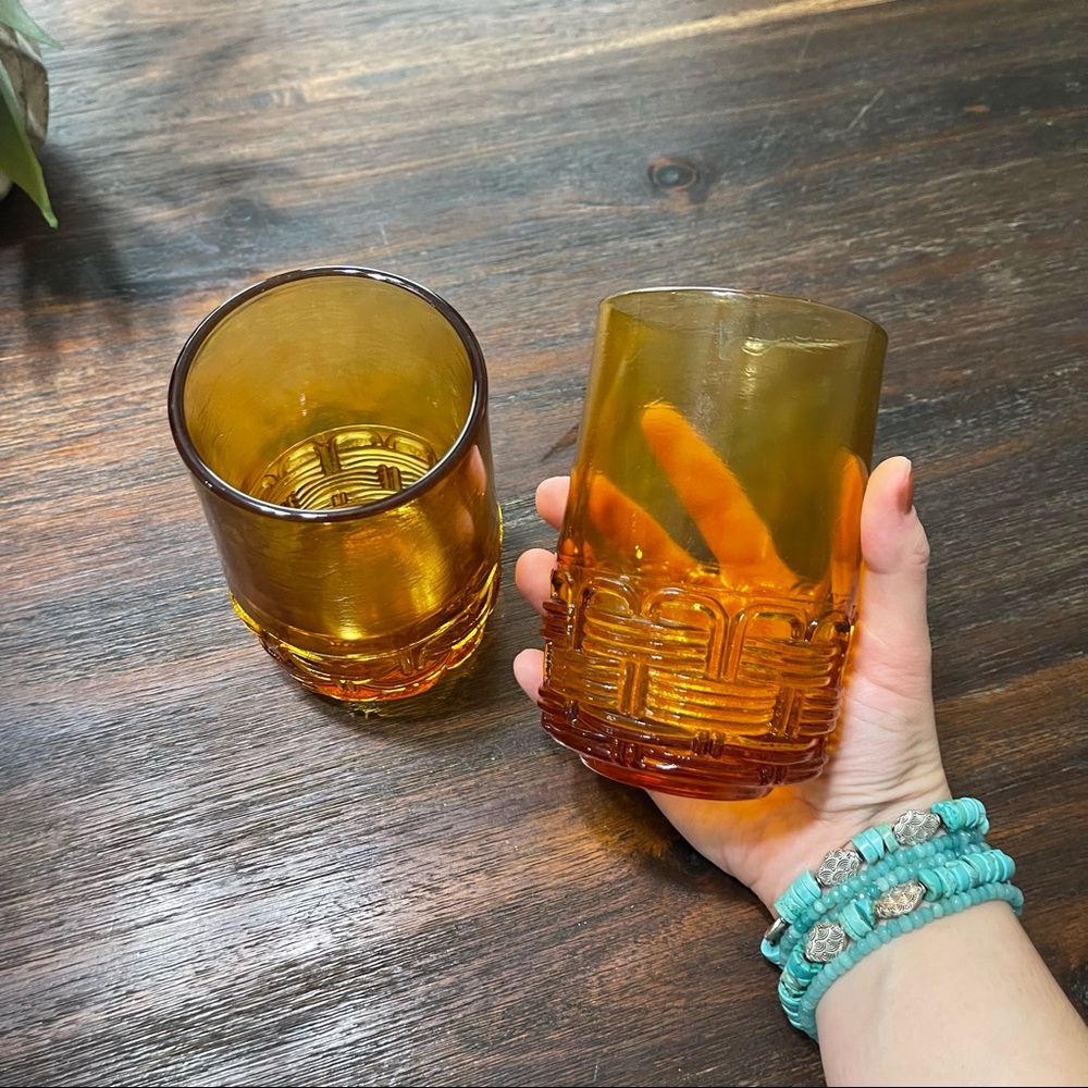 Vintage Wicker Basket Weave Amber Glass tumblers glasses MCM LE Smith